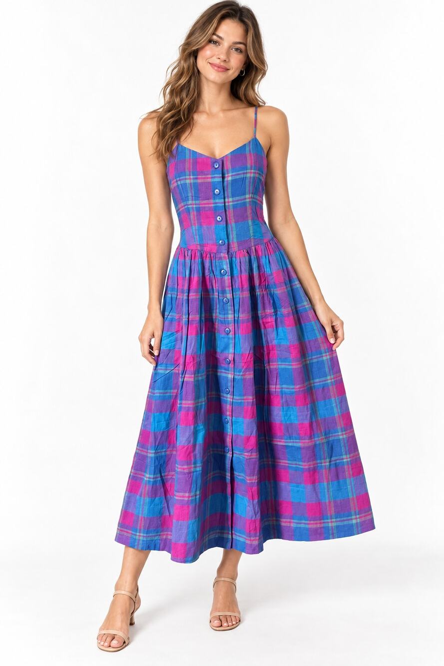 Vintage Separate Issue Dress Womens S Pink Blue Plaid Cotton Button Front Maxi